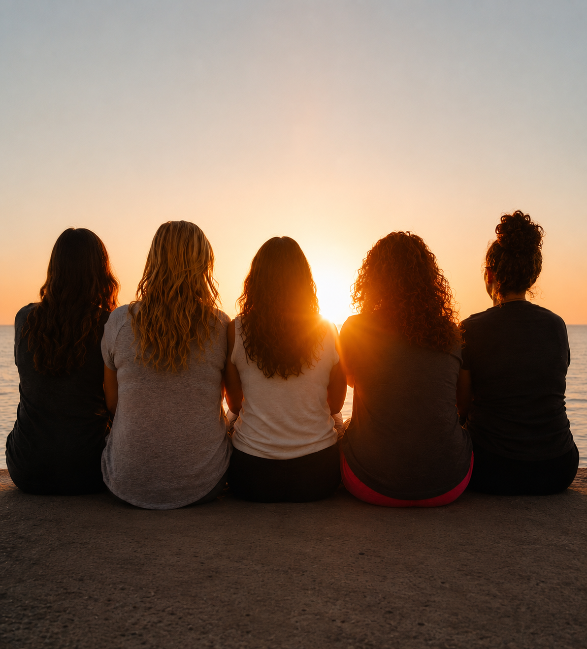 Women supporting each other at sunset